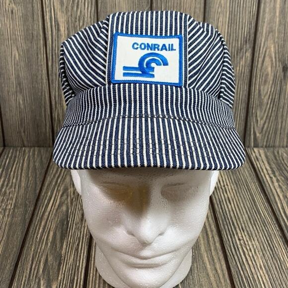 Conrail Train Conductor Engineer Snapback Trucker Hat Cap Stripe USA Vintage - Picture 1 of 8
